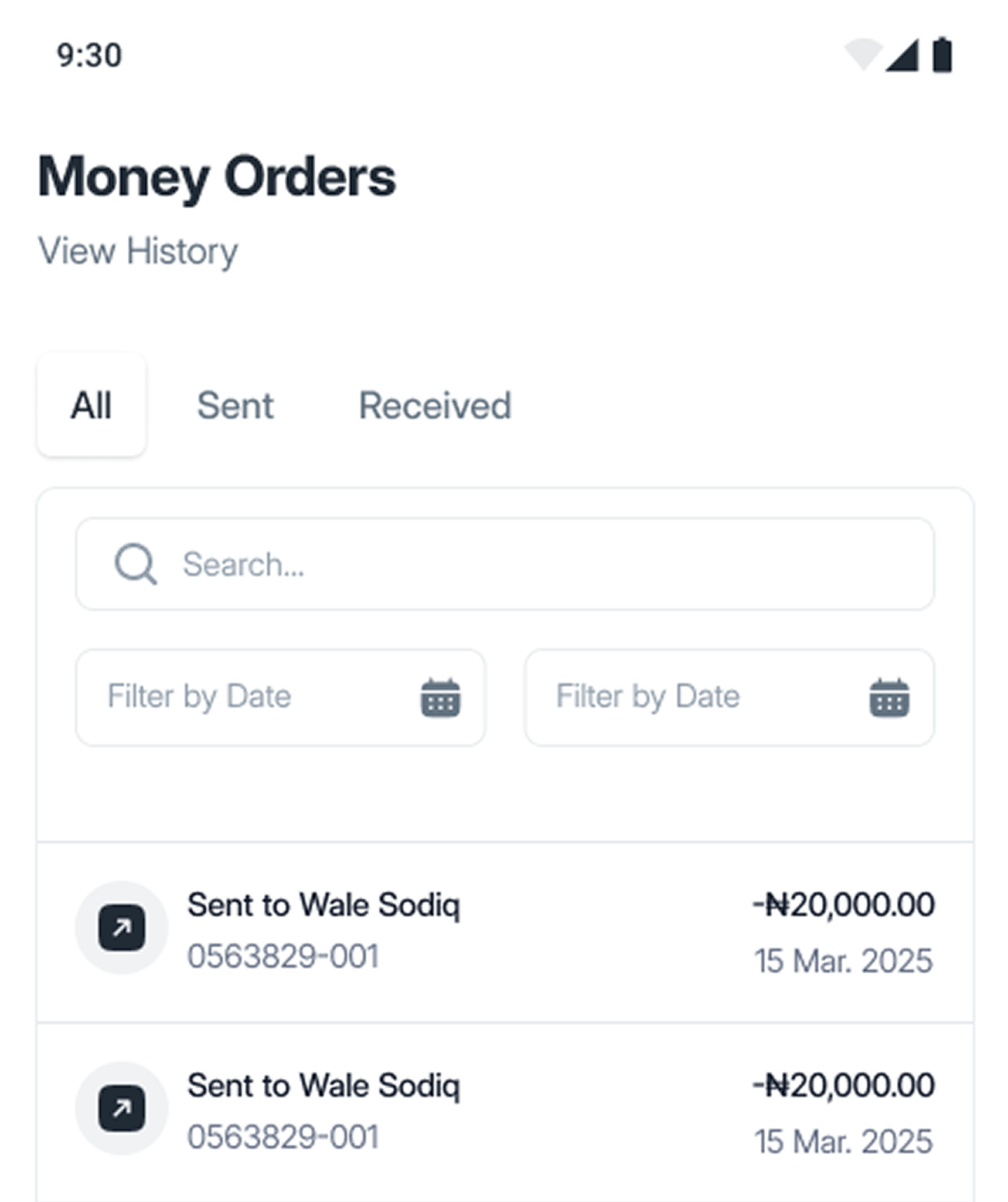 A preview of the postmoni mobile app showcasing the send money feature